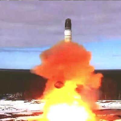 A still from a video of the launch of a nuclear-capable ballistic missile