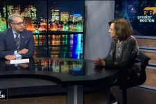 Carol Saivetz and Gautam Mukunda sitting in the GBH news room